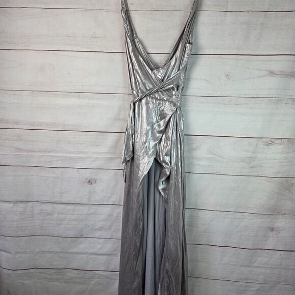 Free People Jocelyn Dress Womens Sz 0 Silver Metallic Wrap Maxi Spaghetti Strap - Picture 8 of 16